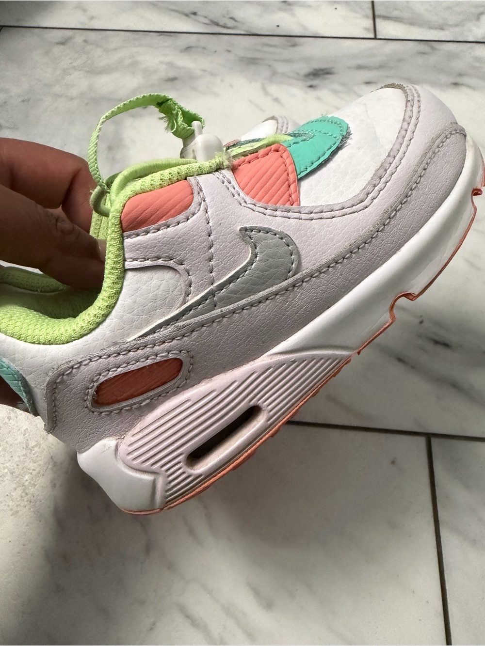 Nike Kids White Leather Sneakers with Mint, Coral & Lime Accents